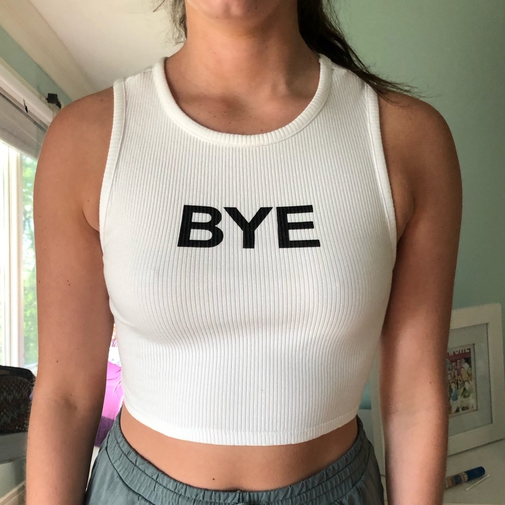 White crop top with BYE on front